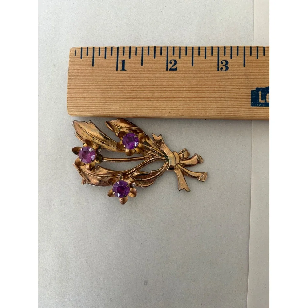 Vintage Gold Tone Purple Rhinestone Flower Bouquet Brooch Floral Pin Mid Century